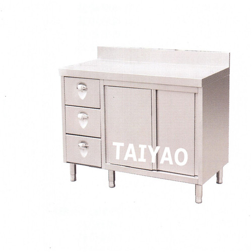 Sliding style storage cabinet with three drawers and splash back
